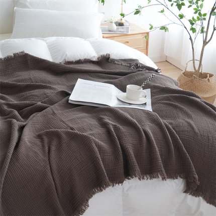 91家纺网 家纺一手货源 找家纺 凌云家纺 2025新款四层皱皱纱流苏毯盖毯浴巾 黑茶150x200cm