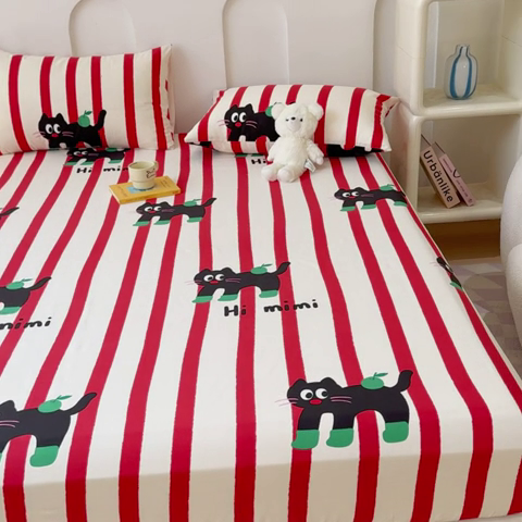 91家纺网 家纺一手货源 找家纺 感遇家纺 2024新款纯棉床单床笠枕套 床笠款-红条苹果苗