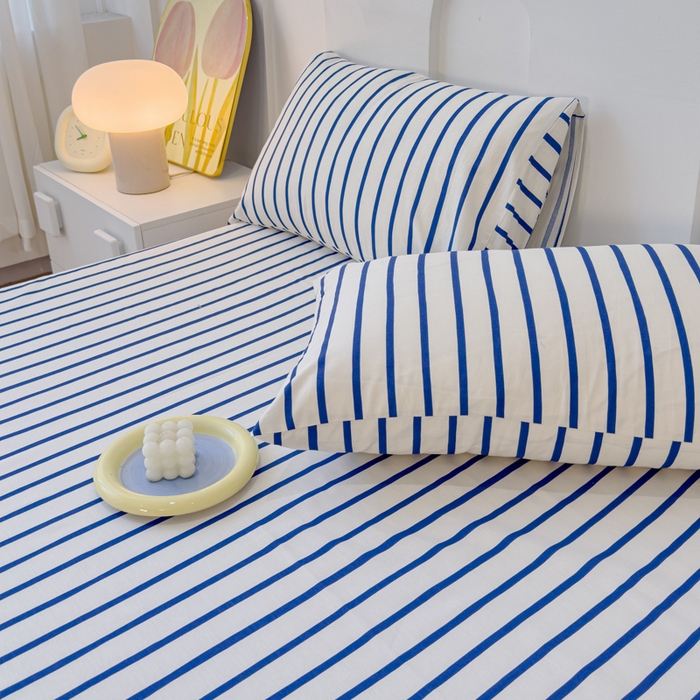 91家纺网 家纺一手货源 找家纺 感遇家纺 2024新款纯棉床单床笠枕套 床单款-蓝条纹