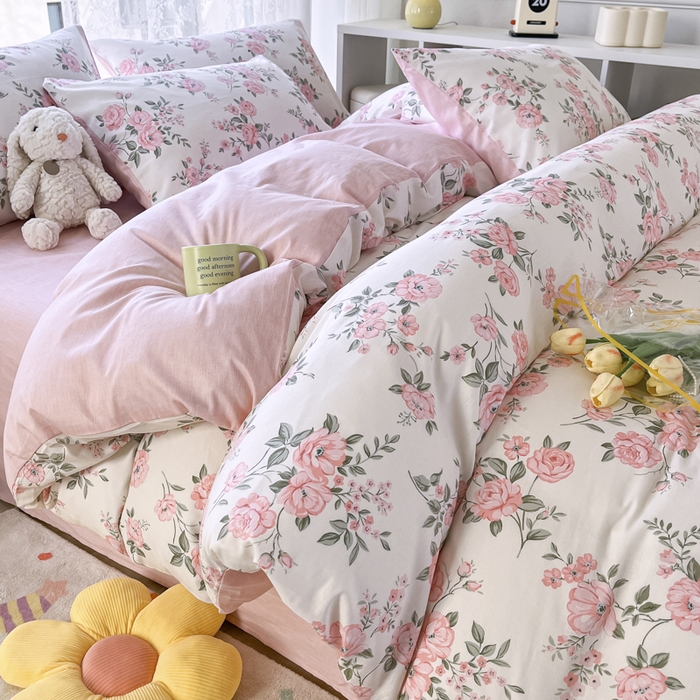 91家纺网 家纺一手货源 找家纺 世爵 2024新款12868全棉印花四件套 田园花香一粉