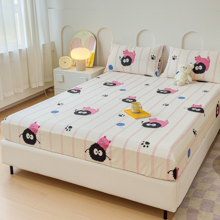 91家纺网 家纺一手货源 找家纺 感遇家纺 2024新款纯棉床单床笠枕套 床笠款-粉条小猫