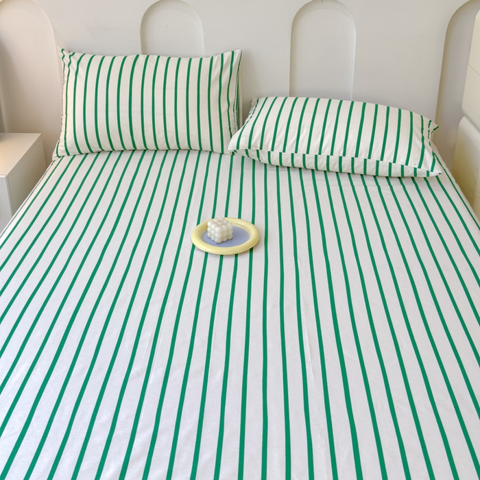 91家纺网 家纺一手货源 找家纺 感遇家纺 2024新款纯棉床单床笠枕套 床单款-墨绿条纹