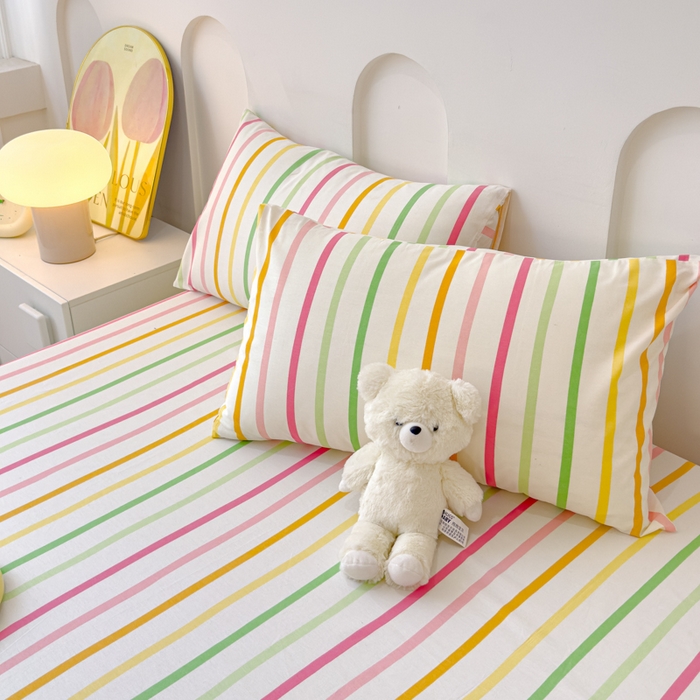 91家纺网 家纺一手货源 找家纺 感遇家纺 2024新款纯棉床单床笠枕套 床笠款-彩虹条纹