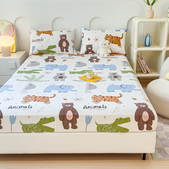 91家纺网 家纺一手货源 找家纺 感遇家纺 2024新款纯棉床单床笠枕套 床笠款-动物森林