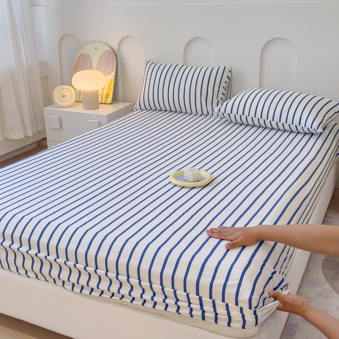 91家纺网 家纺一手货源 找家纺 感遇家纺 2024新款纯棉床单床笠枕套 床笠款-蓝条纹