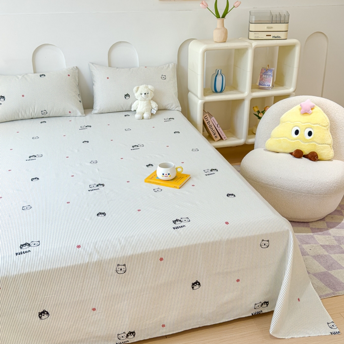 91家纺网 家纺一手货源 找家纺 感遇家纺 2024新款纯棉床单床笠枕套 床单款-灰条猫咪