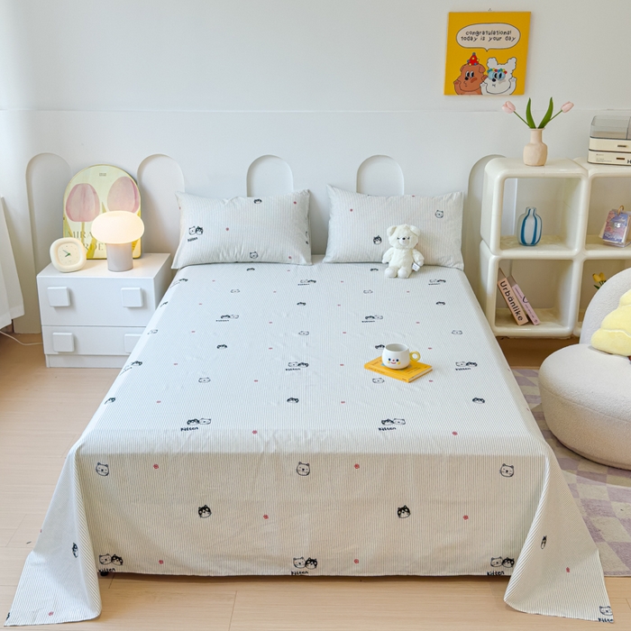 91家纺网 家纺一手货源 找家纺 感遇家纺 2024新款纯棉床单床笠枕套 床单款-灰条猫咪