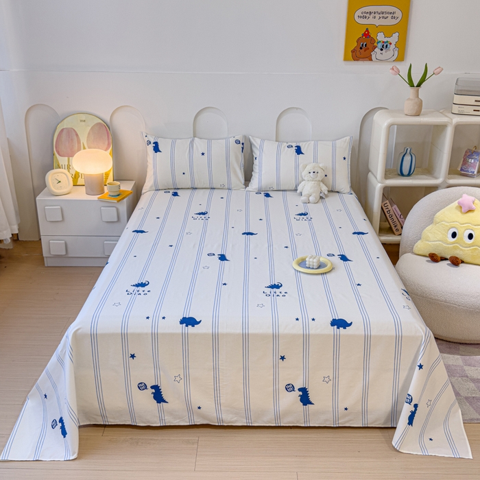 91家纺网 家纺一手货源 找家纺 感遇家纺 2024新款纯棉床单床笠枕套 床单款-蓝条恐龙