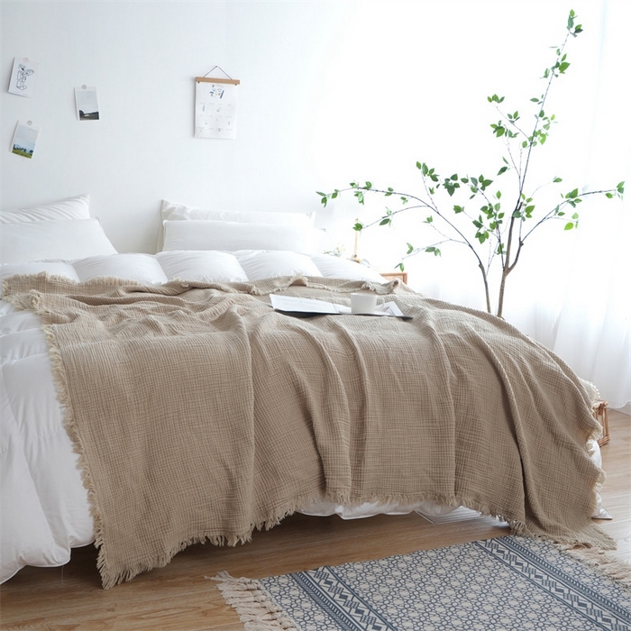 91家纺网 家纺一手货源 找家纺 凌云家纺 2025新款四层皱皱纱流苏毯盖毯浴巾 咖喱130x170cm