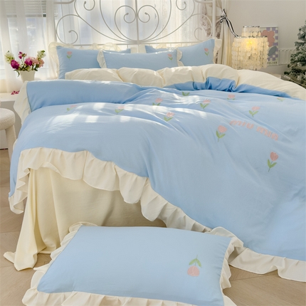 91家纺网 家纺一手货源 找家纺 灰鲸 2025新款水洗双层纱miumin郁金香刺绣四件套 miumin郁金香-天空蓝拼奶黄