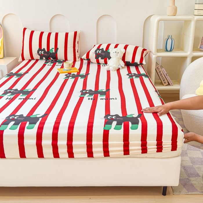 91家纺网 家纺一手货源 找家纺 感遇家纺 2024新款纯棉床单床笠枕套 床笠款-红条苹果苗