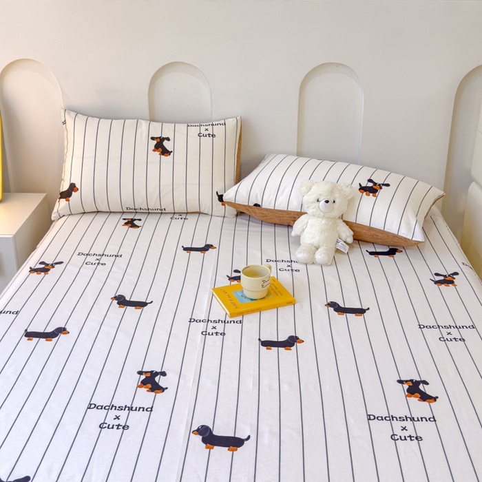 91家纺网 家纺一手货源 找家纺 感遇家纺 2024新款纯棉床单床笠枕套 床单款-腊肠犬