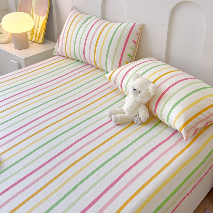 91家纺网 家纺一手货源 找家纺 感遇家纺 2024新款纯棉床单床笠枕套 床笠款-彩虹条纹