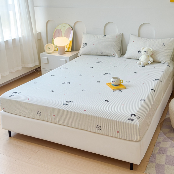 91家纺网 家纺一手货源 找家纺 感遇家纺 2024新款纯棉床单床笠枕套 床笠款-灰条猫咪