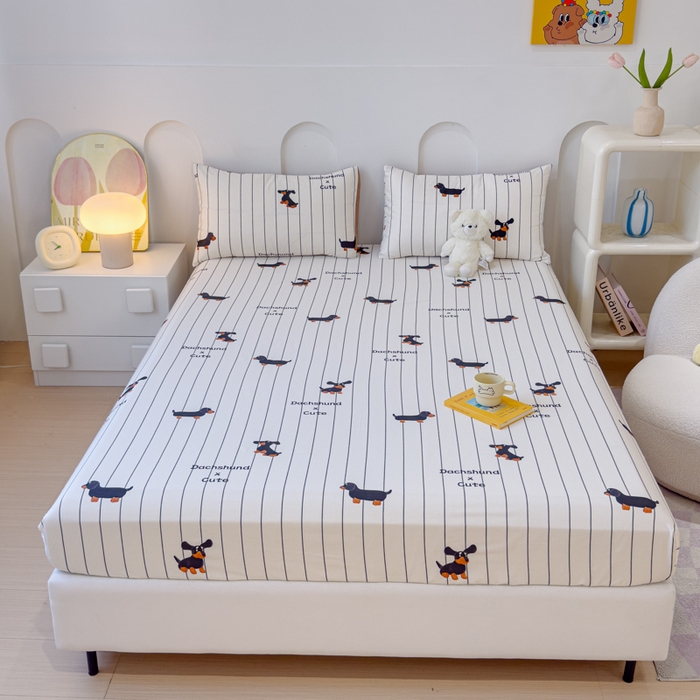 91家纺网 家纺一手货源 找家纺 感遇家纺 2024新款纯棉床单床笠枕套 床笠款-腊肠犬