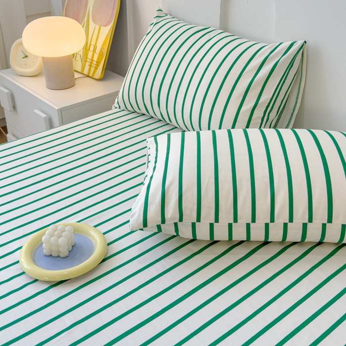 91家纺网 家纺一手货源 找家纺 感遇家纺 2024新款纯棉床单床笠枕套 床单款-墨绿条纹