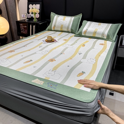 91家纺网 家纺一手货源 找家纺 宜家坊 2024新款A类抗菌数码印花冰藤凉席 床笠款-波浪兔