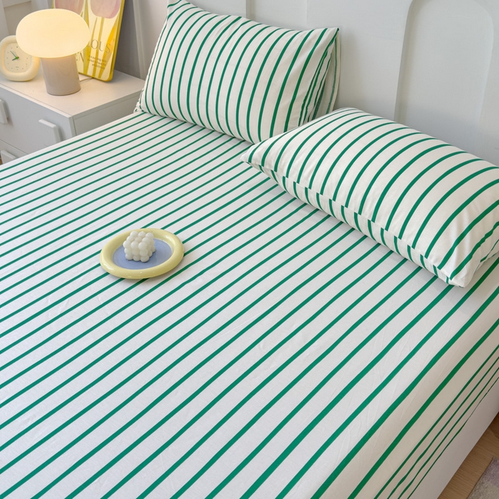 91家纺网 家纺一手货源 找家纺 感遇家纺 2024新款纯棉床单床笠枕套 床笠款-墨绿条纹