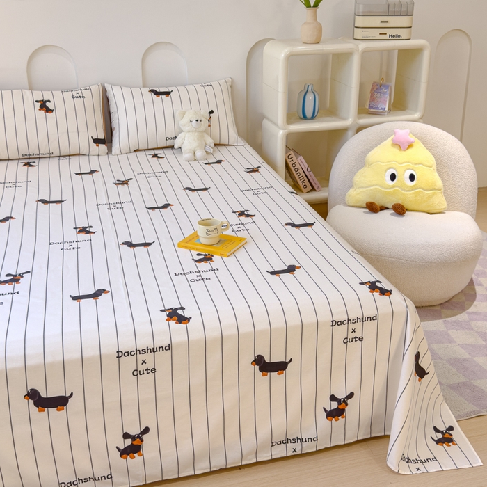 91家纺网 家纺一手货源 找家纺 感遇家纺 2024新款纯棉床单床笠枕套 床单款-腊肠犬