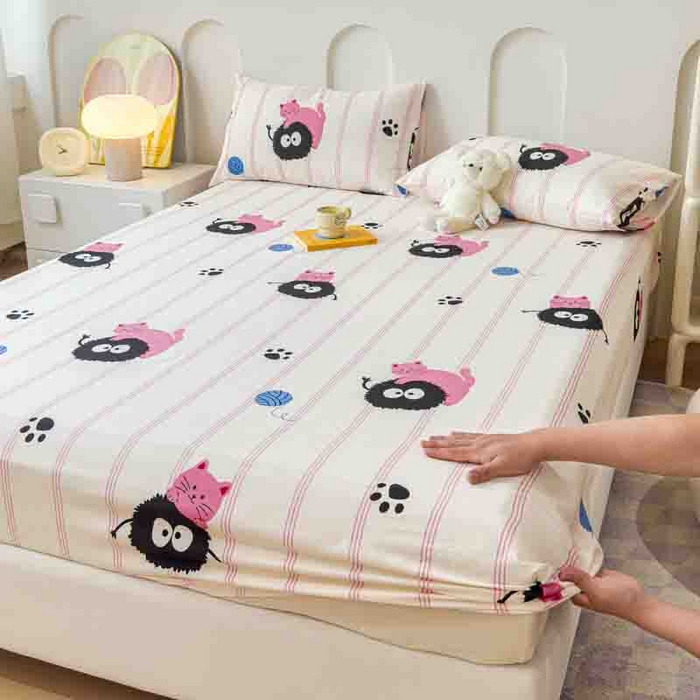 91家纺网 家纺一手货源 找家纺 感遇家纺 2024新款纯棉床单床笠枕套 床笠款-粉条小猫