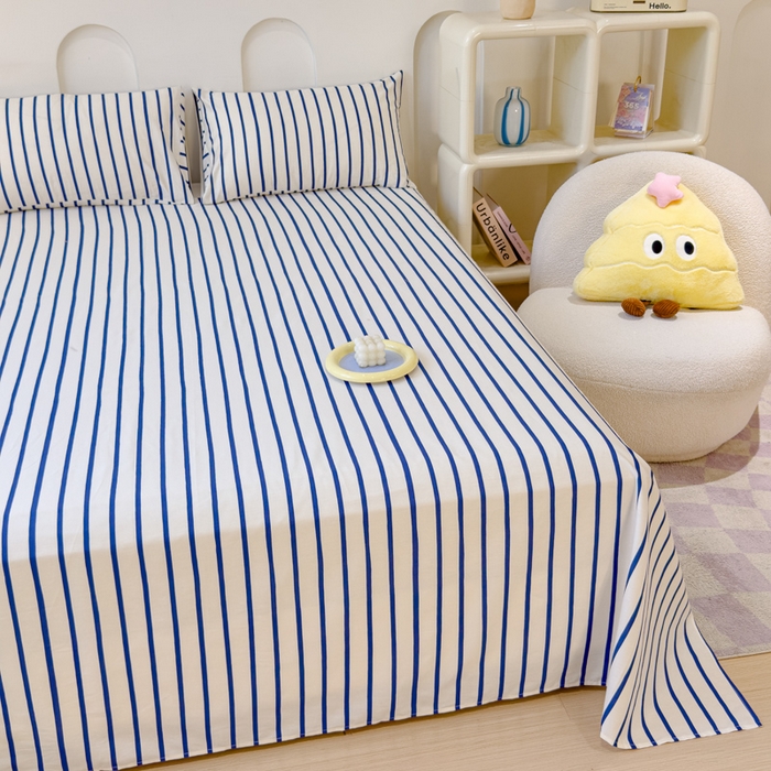 91家纺网 家纺一手货源 找家纺 感遇家纺 2024新款纯棉床单床笠枕套 床单款-蓝条纹