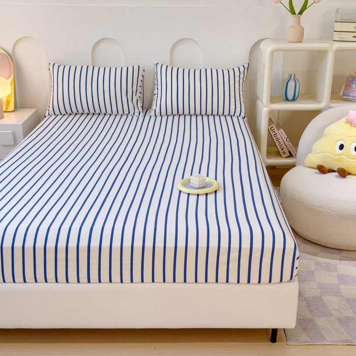 91家纺网 家纺一手货源 找家纺 感遇家纺 2024新款纯棉床单床笠枕套 床笠款-蓝条纹