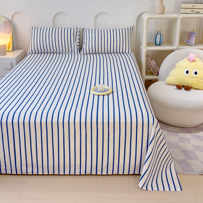 91家纺网 家纺一手货源 找家纺 感遇家纺 2024新款纯棉床单床笠枕套 床单款-蓝条纹