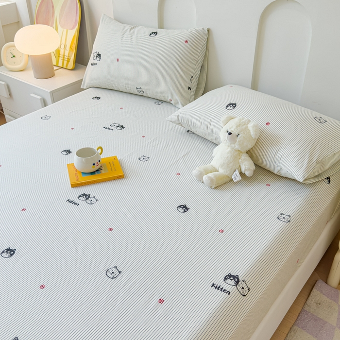 91家纺网 家纺一手货源 找家纺 感遇家纺 2024新款纯棉床单床笠枕套 床笠款-灰条猫咪