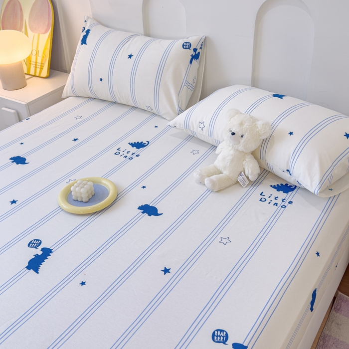 91家纺网 家纺一手货源 找家纺 感遇家纺 2024新款纯棉床单床笠枕套 床笠款-蓝条恐龙