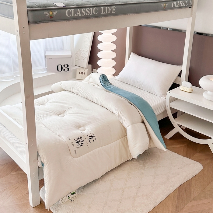 91家纺网 家纺一手货源 找家纺 招财狼家纺  2024新款水洗磨毛学生大豆被夏被春秋被多被芯被子 无染 米白+水兰