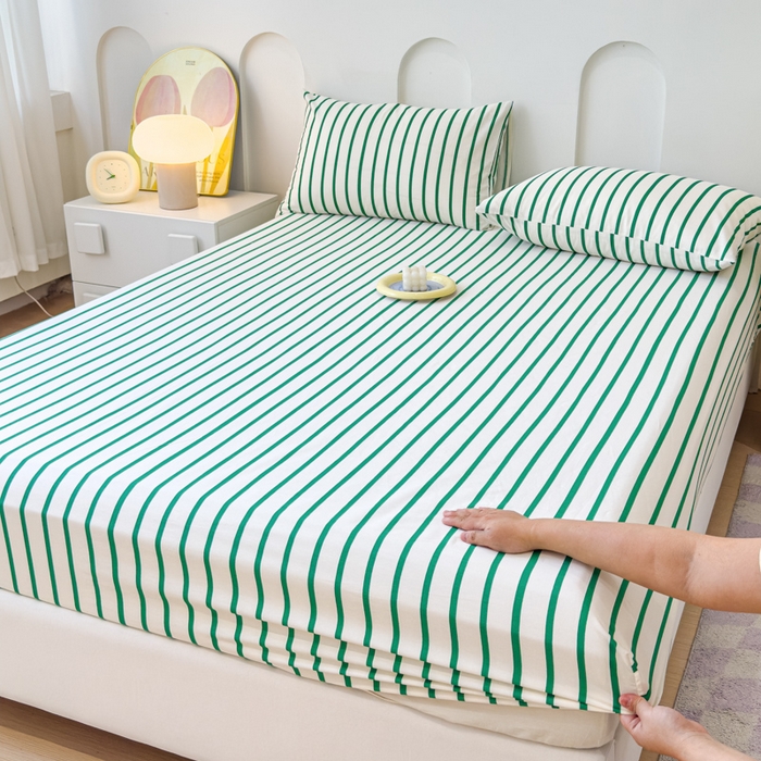 91家纺网 家纺一手货源 找家纺 感遇家纺 2024新款纯棉床单床笠枕套 床笠款-墨绿条纹