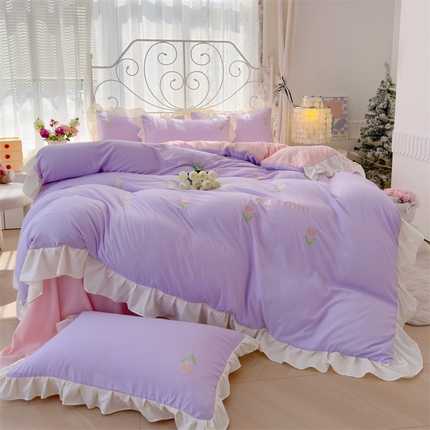 91家纺网 家纺一手货源 找家纺 （总）灰鲸 2025新款水洗双层纱miumin郁金香刺绣四件套