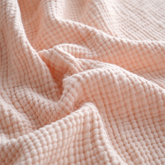 91家纺网 家纺一手货源 找家纺 凌云家纺 2025新款四层皱皱纱流苏毯盖毯浴巾 粉语130x170cm