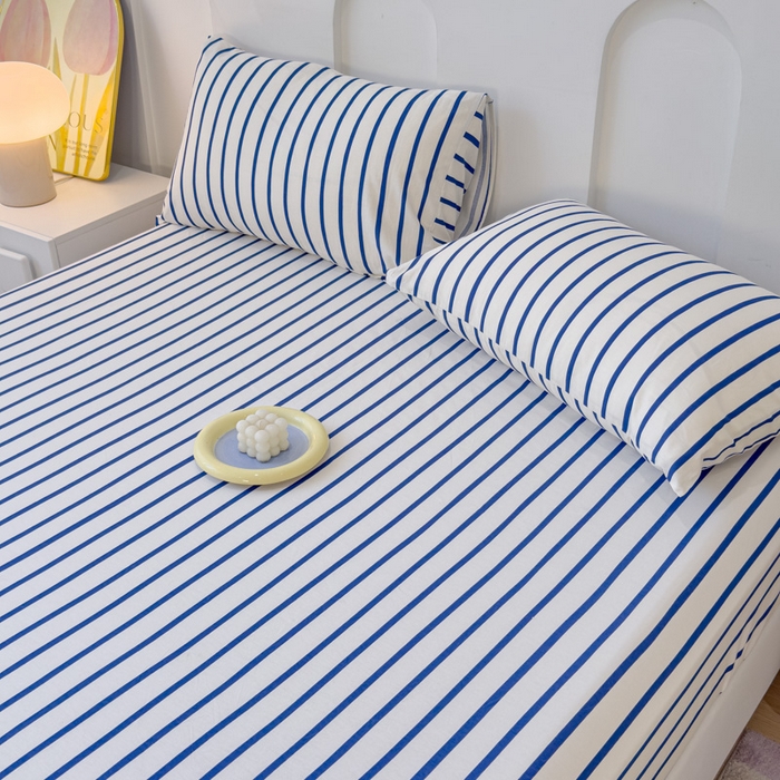 91家纺网 家纺一手货源 找家纺 感遇家纺 2024新款纯棉床单床笠枕套 床笠款-蓝条纹