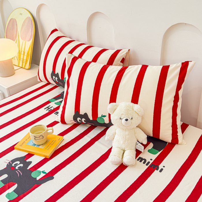 91家纺网 家纺一手货源 找家纺 感遇家纺 2024新款纯棉床单床笠枕套 床笠款-红条苹果苗