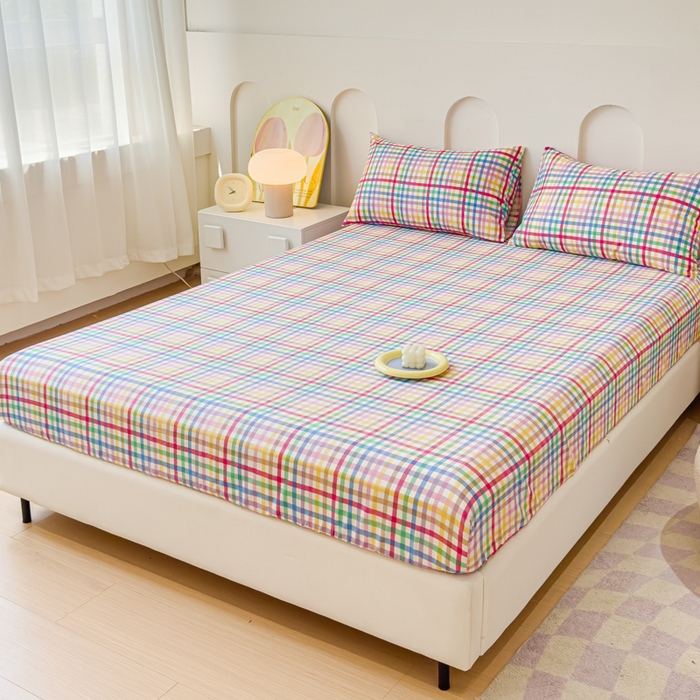 91家纺网 家纺一手货源 找家纺 感遇家纺 2024新款纯棉床单床笠枕套 床笠款-五彩格