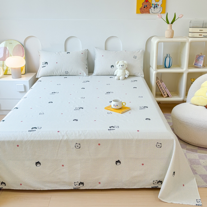 91家纺网 家纺一手货源 找家纺 感遇家纺 2024新款纯棉床单床笠枕套 床单款-灰条猫咪