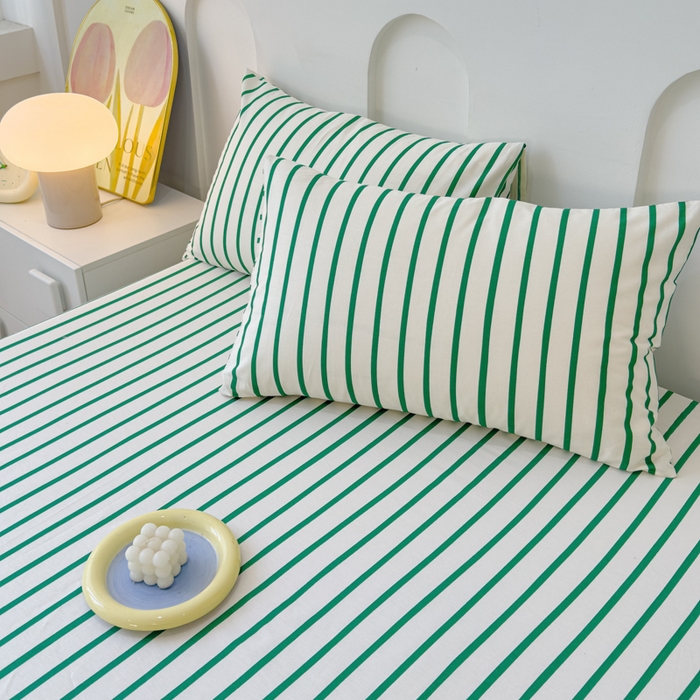 91家纺网 家纺一手货源 找家纺 感遇家纺 2024新款纯棉床单床笠枕套 床笠款-墨绿条纹