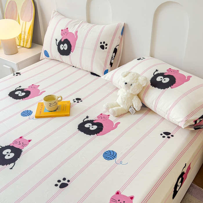 91家纺网 家纺一手货源 找家纺 感遇家纺 2024新款纯棉床单床笠枕套 床笠款-粉条小猫