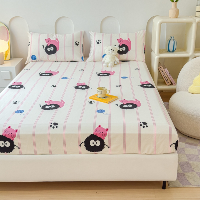 91家纺网 家纺一手货源 找家纺 感遇家纺 2024新款纯棉床单床笠枕套 床笠款-粉条小猫