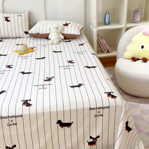 91家纺网 家纺一手货源 找家纺 感遇家纺 2024新款纯棉床单床笠枕套 床单款-腊肠犬