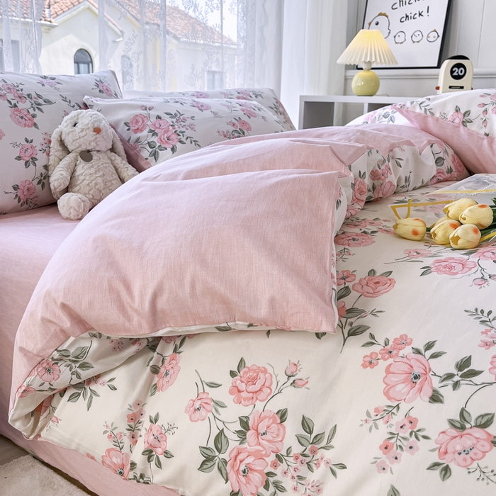 91家纺网 家纺一手货源 找家纺 世爵 2024新款12868全棉印花四件套 田园花香一粉