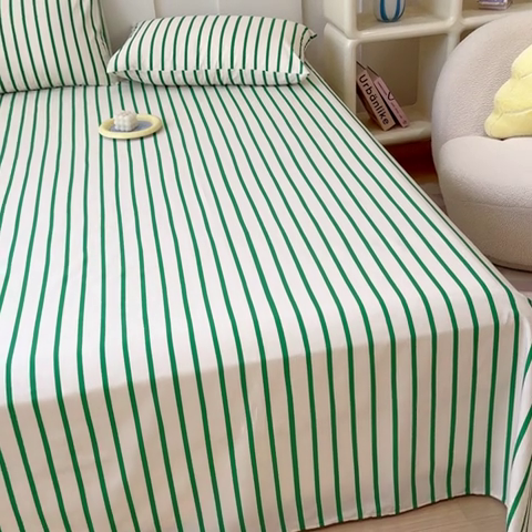 91家纺网 家纺一手货源 找家纺 感遇家纺 2024新款纯棉床单床笠枕套 床单款-墨绿条纹
