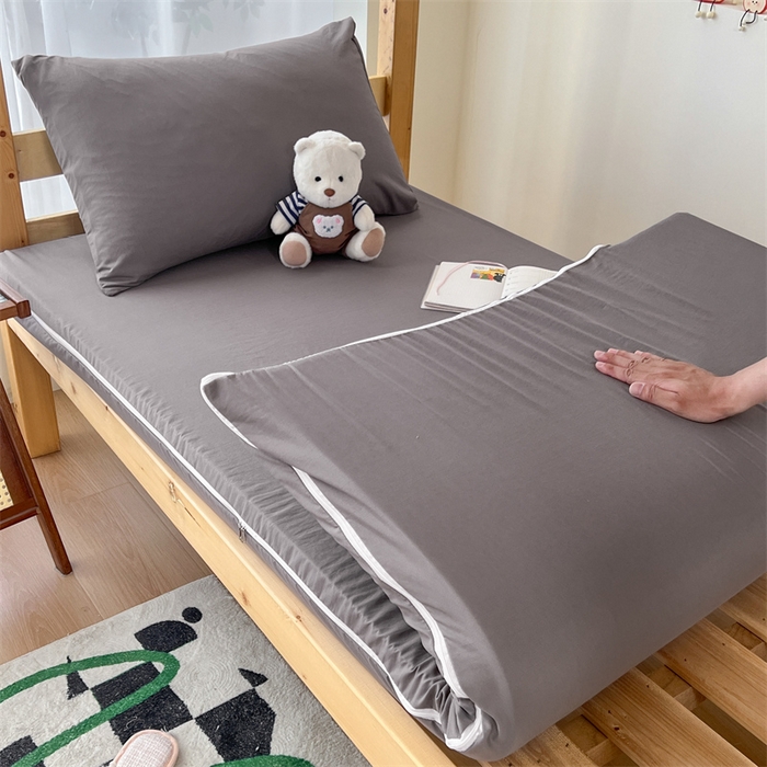 91家纺网 家纺一手货源 找家纺 多品 2024新款水洗棉皱皱纱学生宿舍床垫套床褥套 浅灰