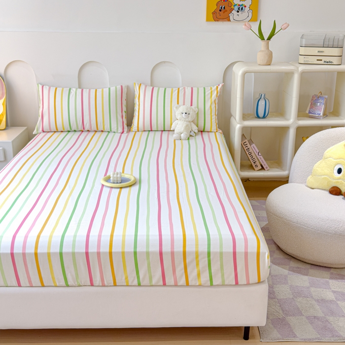 91家纺网 家纺一手货源 找家纺 感遇家纺 2024新款纯棉床单床笠枕套 床笠款-彩虹条纹