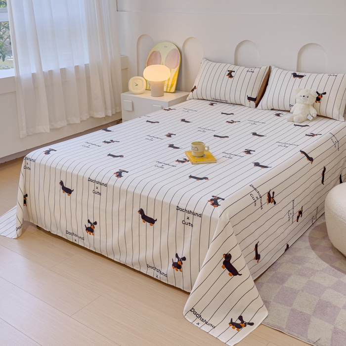 91家纺网 家纺一手货源 找家纺 感遇家纺 2024新款纯棉床单床笠枕套 床单款-腊肠犬