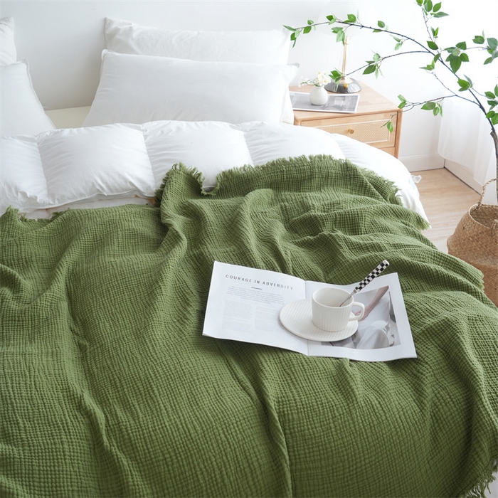 91家纺网 家纺一手货源 找家纺 凌云家纺 2025新款四层皱皱纱流苏毯盖毯浴巾 抹茶150x200cm