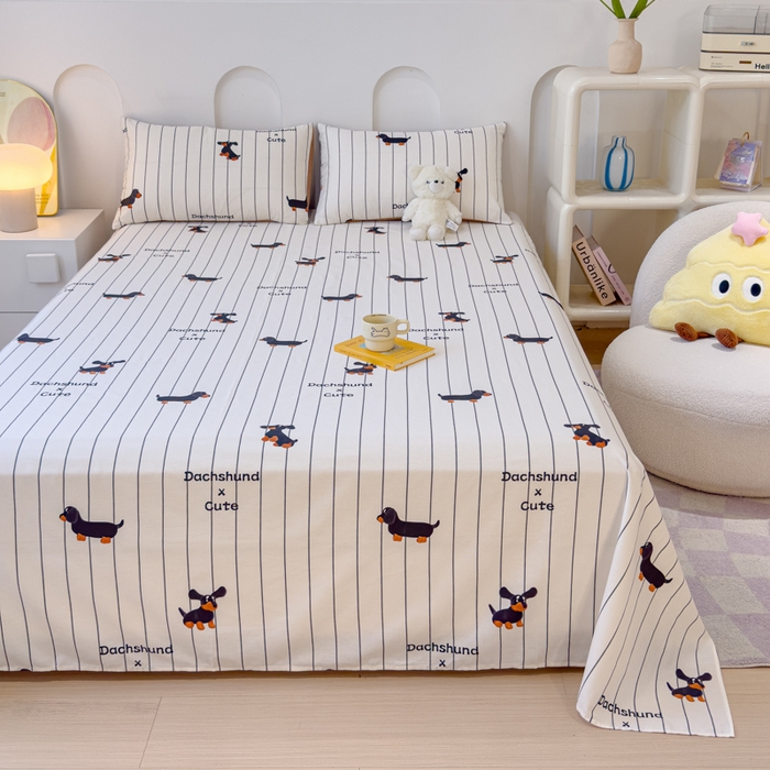 91家纺网 家纺一手货源 找家纺 感遇家纺 2024新款纯棉床单床笠枕套 床单款-腊肠犬