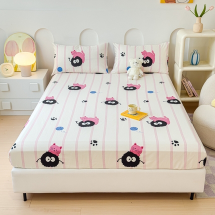 感遇家纺 2024新款纯棉床单床笠枕套 床笠款-粉条小猫