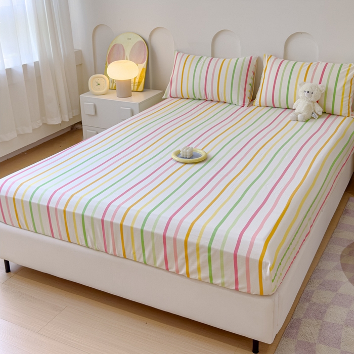 91家纺网 家纺一手货源 找家纺 感遇家纺 2024新款纯棉床单床笠枕套 床笠款-彩虹条纹